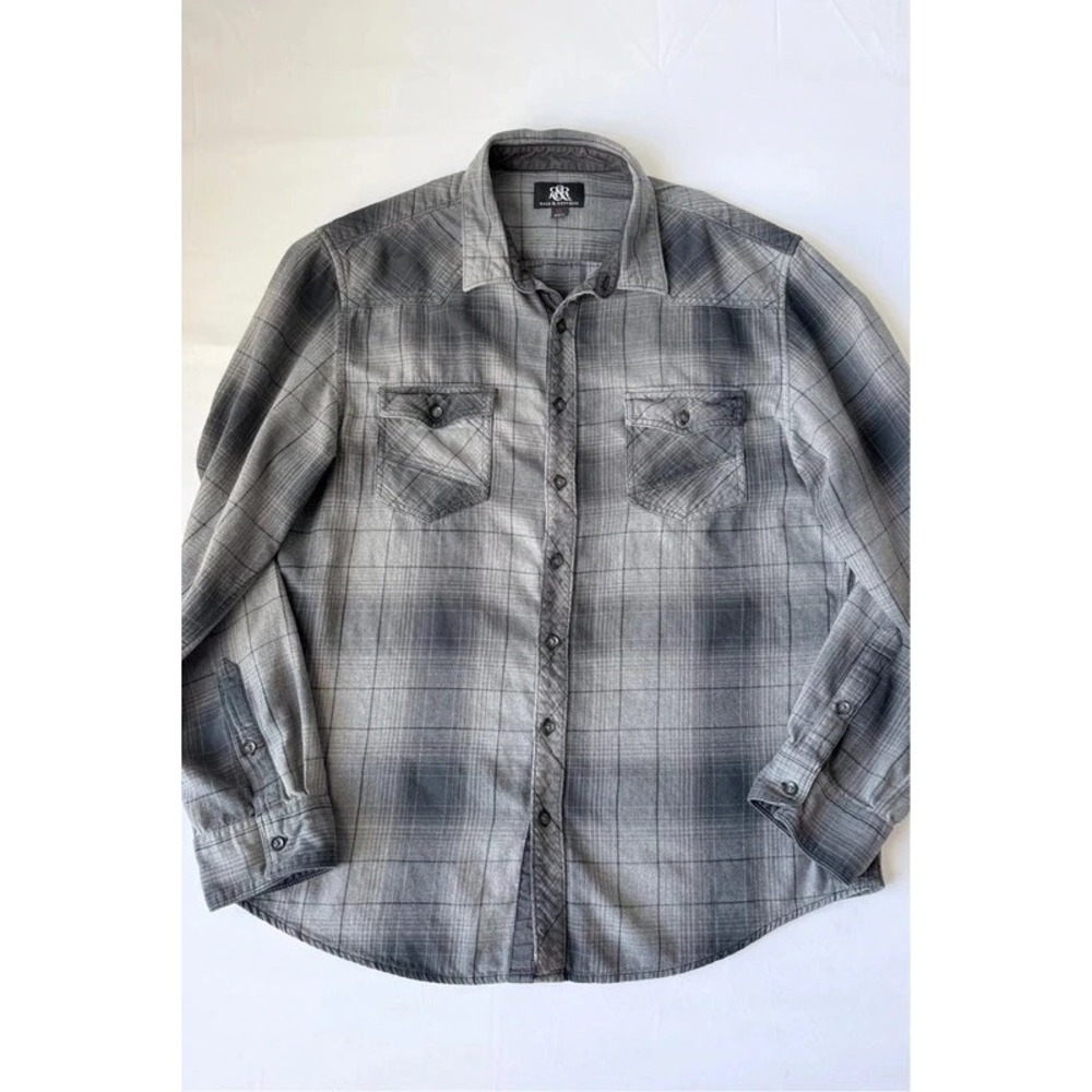 Rock & Republic Men's XL Gray Plaid Western Button Up Shirt 100% Cotton